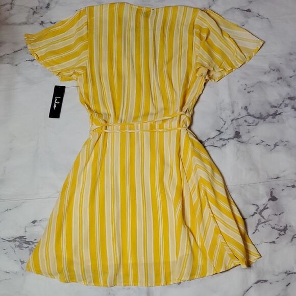 Lulu's Vibrant Yellow and White Striped Wrap Mini Dress - Picture 5 of 6